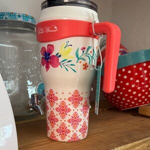 The Pioneer Woman Coral and Cream Floral Insulated Travel Tumbler with Handle 40